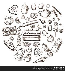 Pastry, dessert and bakery with various breads, cakes, baking ingredients and kitchen utensil. Sketched vector objects. Pastry, dessert and bakery sketch icons