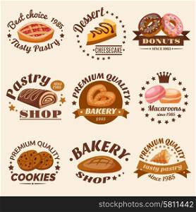 Pastry desserts emblems set with donuts macaroons and cookies isolated vector illustration. Pastry Emblems Set