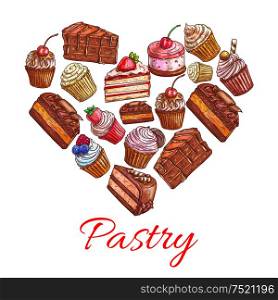 Pastry label in shape of heart with vector sweets icons of chocolate pies and cupcakes, strawberry cream toppings, fruit and vanilla muffins. Decoration design element for bakery shop, patisserie cafe. Pastry label in shape of heart with sweets icons