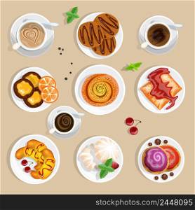 Pastry Top View Set. Coffee And Sweets Vector Illustration. Confectionery Cartoon Symbols. Coffee And Sweets Design Set. Sweet Pastry Isolated Set.. Coffee And Sweets Top View Set