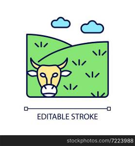Pasture RGB color icon. Grassland and rangeland. Grass covered land type. Livestock grazing field. Forage plant growing area. Isolated vector illustration. Simple filled line drawing. Editable stroke. Pasture RGB color icon