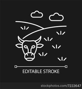 Pasture white linear icon for dark theme. Grass covered land type. Livestock grazing field. Thin line customizable illustration. Isolated vector contour symbol for night mode. Editable stroke. Pasture white linear icon for dark theme