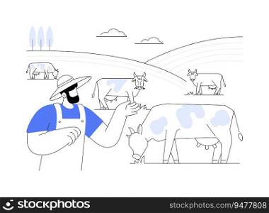 Pastures abstract concept vector illustration. Professional farmer looking at livestock in pasture, agribusiness industry worker, agricultural input sector, eating grass abstract metaphor.. Pastures abstract concept vector illustration.