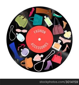 Patch of Woman fashion items and accessories on vinil disc. Patch of fashionable Woman items and accessories. Stylish Collection of bags, shoes, high heels, perfume, cosmetics, jewelry, bikini on vinil disc. Disco background. Vector illustration.