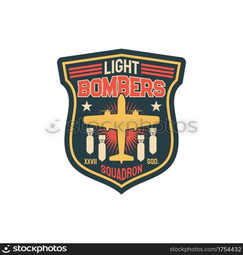 Patch on officer uniform isolated army insignia of bomber division, aircraft and flying bombs. Vector bombing aircraft, label on apparel. Aviation bomber jet fighter, squadron military division. Light bombers division patch with flying bombs