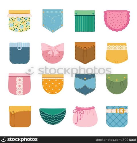Patch pockets for clothes, jeans fabric pocket for pants, shirt. Colorful patches with stitches and buttons, clothing decor element vector set. Female and male design isolated on white. Patch pockets for clothes, jeans fabric pocket for pants, shirt. Colorful patches with stitches and buttons, clothing decor element vector set