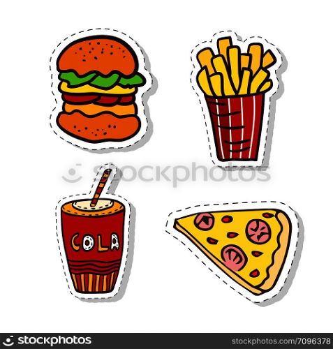 Patches elements with fast food. Vector doodle badges. Modern clip art. Cartoon stickers design. Patches elements with fast food. Vector doodle badges. Modern clip art. Cartoon stickers design.