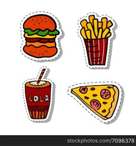 Patches elements with fast food. Vector doodle badges. Modern clip art. Cartoon stickers design. Patches elements with fast food. Vector doodle badges. Modern clip art. Cartoon stickers design.