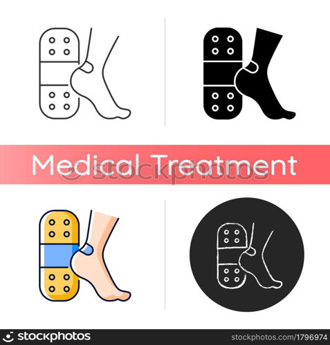 Patches for blisters icon. Skin protection from friction. Applying plaster. Self-help option. Sterile dressing. Adhesive backing. Linear black and RGB color styles. Isolated vector illustrations. Patches for blisters icon