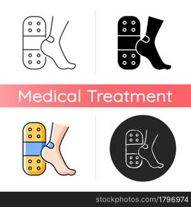 Patches for blisters icon. Skin protection from friction. Applying plaster. Self-help option. Sterile dressing. Adhesive backing. Linear black and RGB color styles. Isolated vector illustrations. Patches for blisters icon