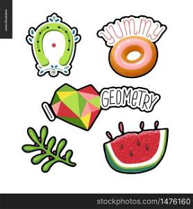 Patches, hand drawn vector stickers set. A set of five cartoon hand drawn elements. Doughnut with note Yummy, geometric heart with lettering I love Geometry, watermelon, plant, and a horseshoe. Patches hand drawn set
