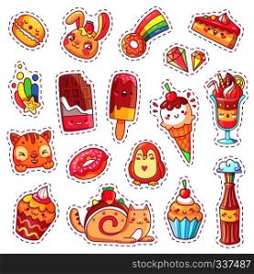 Patches of sweet strawberry kawaii pink dessert, cherry ice cream, donut, cupcake, positive happy animals cat, bunny, penguin, chipmunk faces and funny cartoon colorful rainbow food vector stickers. Patches of sweet strawberry dessert, cherry ice cream, positive happy animals faces and funny cartoon food vector fun stickers set