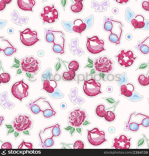 Patches seamless pattern. Stickers lips and cherry, love patch. Fabric prints, girly retro cloth or wallpaper. 90s stylish embroidery, nowaday vector background illustration. Patches seamless pattern. Stickers lips and cherry, love patch. Fabric prints, girly retro cloth or wallpaper. 90s stylish embroidery, nowaday vector background