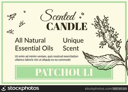 Patchouli scented candle with all natural essential oils and unique smell. Aromatic fragrance and flavor for item. Monochrome sketch outline, package for product. Promo banner, vector in flat style. Scented candle, patchouli all natural smell banner