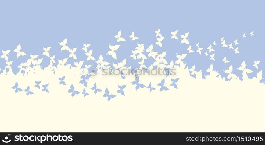 Patel light butterfly flock on horizontal header. Elegant simple silhouette fly vector composition.