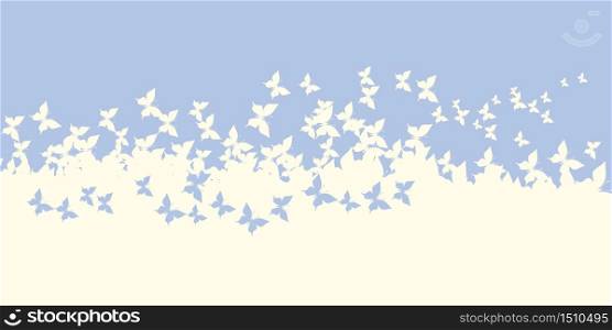 Patel light butterfly flock on horizontal header. Elegant simple silhouette fly vector composition.