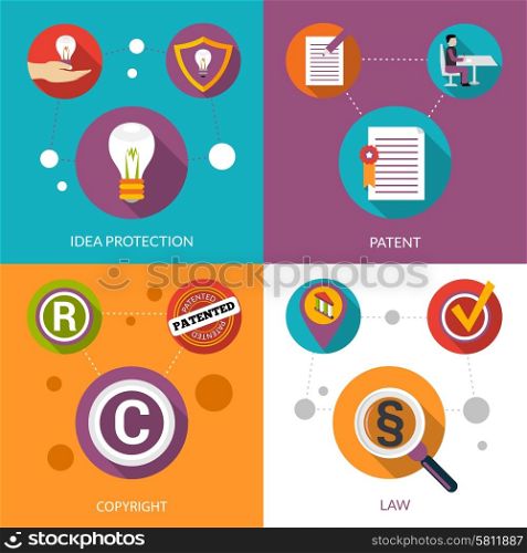 Patent idea protection design concept set with copyright and law flat icons isolated vector illustration. Patent Idea Protection