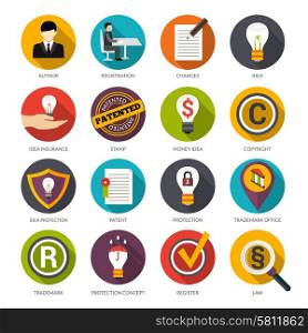 Patent idea protection flat icons set with author trademark copyright symbols isolated vector illustration. Patent Idea Protection Icons