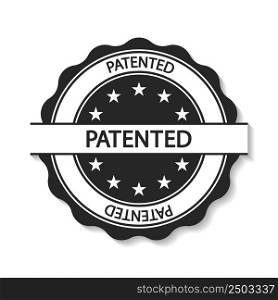 Patented stamp seal. Stamp for patented and certified. Round badge for patent, certify, quality and verified. Sign for product. Label of guarantee with shadow isolated on white background. Vector.