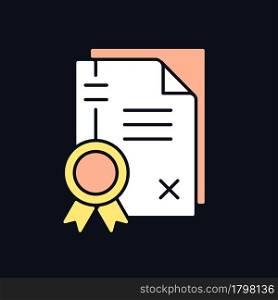 Patents RGB color icon for dark theme. Property right granting. Intellectual property. Intangible asset. Isolated vector illustration on night mode background. Simple filled line drawing on black. Patents RGB color icon for dark theme