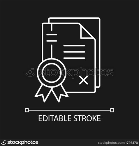 Patents white linear icon for dark theme. Property rights. Intellectual property. Intangible asset. Thin line customizable illustration. Isolated vector contour symbol for night mode. Editable stroke. Patents white linear icon for dark theme