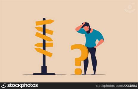 Path direction with choose career way and decision business choice sign. Future exit and occupation vector illustration concept. Puzzled road with question mark and right solution people achievement