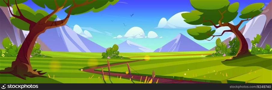 Path road in forest near mountain and grass field cartoon landscape. Illustrated nature background on sunny day with grassland, alps and beautiful outdoor environment. Quiet wild fairy fauna for game. Path road in forest near mountain and grass field