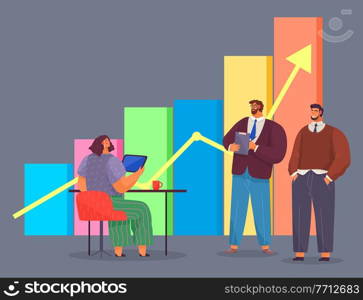 Path to a target s growth vector illustration banner. People standing at the rectangular bars and up arrow. Achievement in business and motivation concept. Teamwork for increase result improvement. Path to a target s growth vector illustration banner. People standing at the rectangular bars