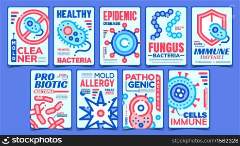 Pathogen Creative Advertising Posters Set Vector. Probiotic And Pathogen Bacteria, Mold Allergy And Cleaner, Epidemic Disease And Immune Cells Collection Banners. Concept Template Style Illustrations. Pathogen Creative Advertising Posters Set Vector