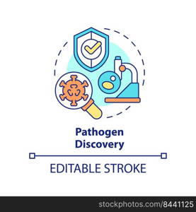 Pathogen discovery concept icon. Virus assessment. Pandemic preparedness effort abstract idea thin line illustration. Isolated outline drawing. Editable stroke. Arial, Myriad Pro-Bold fonts used. Pathogen discovery concept icon