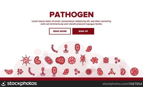 Pathogen Landing Web Page Header Banner Template Vector. Pathogen Bacteria Microorganism, Microbes And Germs Linear Pictograms. Analysis In Flask, Microscope And Injection Illustration. Pathogen Elements Landing Header Vector