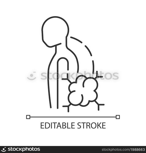 Pathologic scoliosis linear icon. Benign bone tumor. Spine sideways deviation. Backbone curvature. Thin line customizable illustration. Contour symbol. Vector isolated outline drawing. Editable stroke. Pathologic scoliosis linear icon