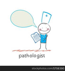 Pathologist says occupational disease. Fun cartoon style illustration. The situation of life.