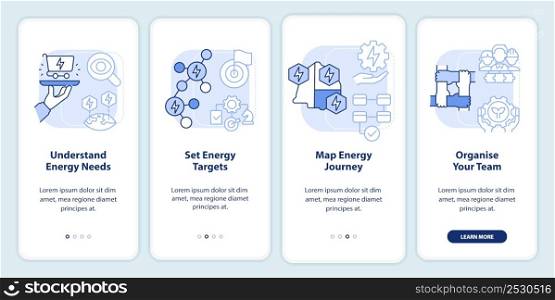 Pathways to energy strategy blue light onboarding mobile app screen. Walkthrough 4 steps graphic instructions pages with linear concepts. UI, UX, GUI template. Myriad Pro-Bold, Regular fonts used. Pathways to energy strategy blue light onboarding mobile app screen