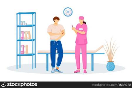 Patient and doctor flat color vector faceless character. Man with skin rash. Woman making injection. Vaccination for male patient. Medicinal disease treatment isolated cartoon illustration