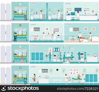 Patient And Doctor in hospital, surgery operation room, post-operation ward, laboratory, medical check up interior room,ECG Test or cardiology center room interior, dental care, characters health care vector illustration.
