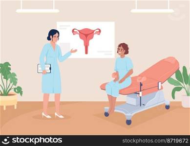 Patient at gynecologist appointment flat color vector illustration. Women health care. Doctor consultation. Fully editable 2D simple cartoon characters with medical office on background. Patient at gynecologist appointment flat color vector illustration