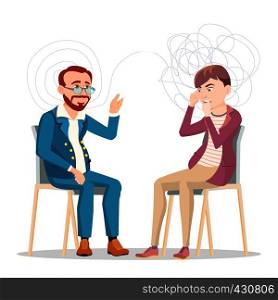 Patient At Psychiatry Counseling, Psychotherapy Cartoon Character. Therapy, Counseling Isolated Clipart. Psychology Consultation. Psychiatrist Helping Man With Mental Problems Flat Illustration. Patient At Psychiatry Counseling, Psychotherapy Cartoon Character