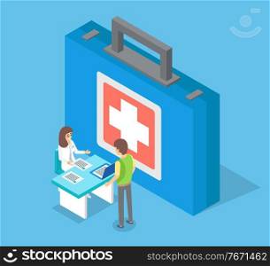 Patient came to medical clinic for consultation with doctor. Medical treatment and healthcare poster, modern clinical analysis and treatment, diagnostic tests. Clinic appointment meeting with doctor. Patient came to medical clinic for consultation with doctor. Modern clinical analysis and treatment