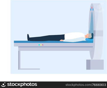 Patient character lying in medical or diagnostic equipment. Full length view of man in laboratory healthcare innovation clinic researching vector, computer tomografy CT, magnetic resonance imaging MRI. Healthcare Report of Patient, Hospital Tech Vector