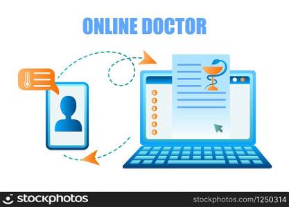 Patient Communication with Medical Institution. Banner Vector Illustration Online Doctor. Virtual Communication Patient with Doctor Using Mobile Phone and Laptop. Symptom Description. High Temperature