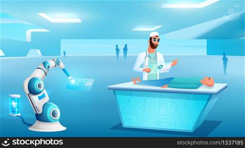 Patient Computer Diagnostic on Operating Table. Doctor Examines Man with Hospital Modern Equipment. New Future Medical Industry. Artificial Intelligence Flat Cartoon Vector Illustration. Patient Computer Diagnostic on Operating Table