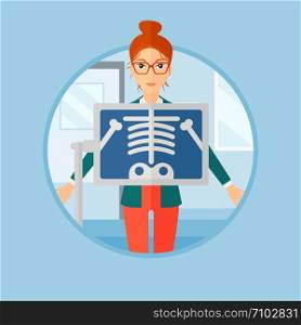 Patient during chest x ray procedure in examination room. Young woman with x ray screen showing his skeleton at doctor office. Vector flat design illustration in the circle isolated on background.. Patient during x ray procedure.