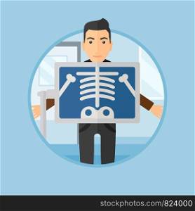 Patient during chest x ray procedure in examination room. Young man with x ray screen showing his skeleton at doctor office. Vector flat design illustration in the circle isolated on background.. Patient during x ray procedure.