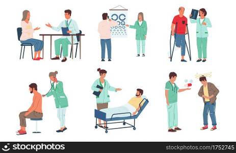 Patient examination. Consultation with doctor in medical clinic, disabled or injured cartoon men and women in hospital. Therapists check health of sick character and make diagnosis. Vector diagnostic. Patient examination. Consultation with doctor in clinic, disabled or injured men and women in hospital. Therapists check health of sick characters and make diagnosis. Vector diagnostic
