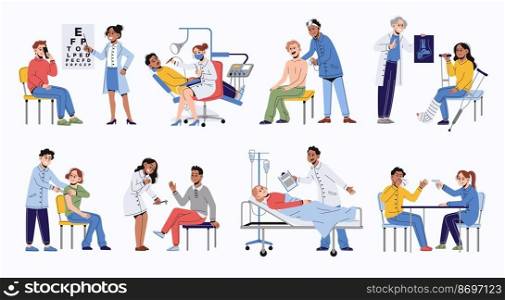 Patient examination. People at reception of different doctors, hospital equipment, medical consultation, diseases treatment, ophthalmologist and therapist, traumatologist and dentist, tidy vector set. Patient examination. People at reception of different doctors, hospital equipment, medical consultation, diseases treatment, ophthalmologist, traumatologist and dentist, tidy vector set