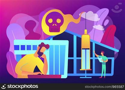 Patient getting medical treatment for dependency on psychoactive substances. Drug rehab center, experimental treatment, drug rehabilitation concept. Bright vibrant violet vector isolated illustration. Drug rehab center concept vector illustration.