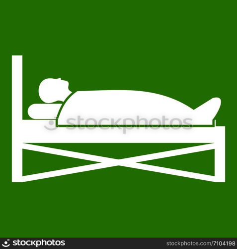 Patient in bed in hospital icon white isolated on green background. Vector illustration. Patient in bed in hospital icon green