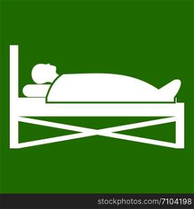 Patient in bed in hospital icon white isolated on green background. Vector illustration. Patient in bed in hospital icon green