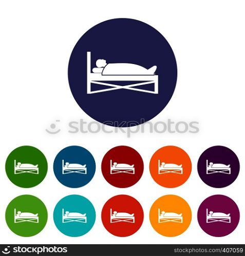 Patient in bed in hospital set icons in different colors isolated on white background. Patient in bed in hospital set icons